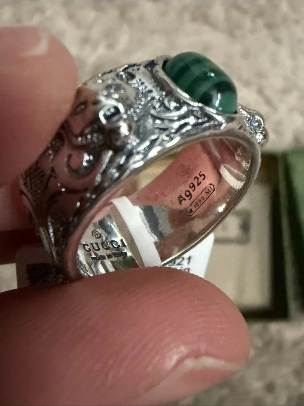 Authentic Gucci Garden Feline Head Malachite Ring 925 Ring Size 8 – New with Box